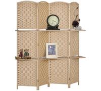 HOMCOM Biombo Separador de Ambientes 4 Paneles Plegable 160x170 cm Natural | 2 Estantes de Exhibición Extraíbles, Pantalla de Privacidad, Divisor para Oficina Dormitorio