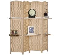 HOMCOM Biombo Separador de Ambientes de 4 Paneles 160x170 cm con 2 Estantes de Exhibición Extraíbles Pantalla de Privacidad Plegable Divisor para Oficina Dormitorio Natural