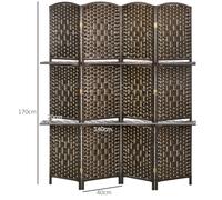 HOMCOM Biombo Separador de Ambientes de 4 Paneles 160x170 cm con 2 Estantes de Exhibición Pantalla de Privacidad Plegable Divisor para Oficina Dormitorio Marrón