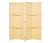 HOMCOM Biombo Separador de Ambientes Plegable de 4 Paneles con 2 Estantes Extraíbles para Dormitorio 180x180 cm Natural