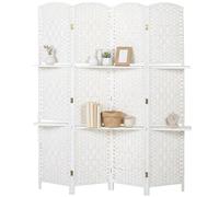 HOMCOM Biombo separador de habitación 4 paneles 160x170 cm con 2 estantes, plegable, de madera, para oficina, salón, dormitorio, blanco