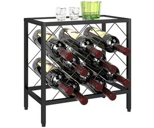 HOMCOM Botellero Vino para 10 Botellas Botellero con Encimera de Vidrio Templado y Marco de Acero para Salón Comedor 41x22x41 cm Negro