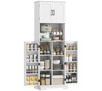HOMCOM Buffet haut cuisine, armoire de cuisine, vaisselier, 4 portes, plan de travail, 8 porte-épices et étagères réglables, meuble de rangement pour salon, salle à manger, 60 x 40 x 181,5 cm, blanc