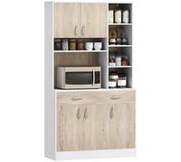 HOMCOM Buffet móvil para Cocina 100x39x181,5cm Blanco y Madera | Puertas, cajones, compartimentos abiertos