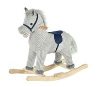 HOMCOM Caballito Balancín Infantil para Niños de +3 Años Caballo Mecedora de Felpa con Sonidos de Relincho y Galope Base de Madera Carga 45 Kg 73x35x64 cm Azul y Rayas Gris