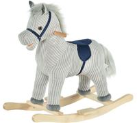 HOMCOM Caballito Balancín Infantil para Niños de +3 Años Caballo Mecedora de Felpa con Sonidos de Relincho y Galope Base de Madera Carga 45 Kg 73x35x64 cm Azul y Rayas Gris