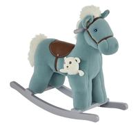 HOMCOM Caballito Balancín para Niños 18-36 Meses Caballo Mecedora Felpa con Osito de Peluche Sonidos de Relincho y Galope Base de Madera 65x26x55 cm Azul