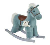HOMCOM Caballito Balancín para Niños de 18-36 Meses Caballo Mecedora Felpa con Osito Sonidos de Relincho y Galope 65x26x55 cm Azul Aosom España