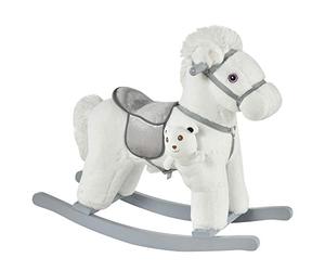HOMCOM Caballito Balancín para Niños 18-36 Meses Caballo Mecedora Felpa con Osito de Peluche Sonidos de Relincho y Galope Base de Madera 65x26x55 cm, Blanco