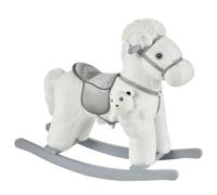 HOMCOM Caballito Balancín para Niños 18-36 Meses Felpa 65x26x55 cm Blanco | Caballo Mecedora, con Osito de Peluche, Sonidos de Relincho y Galope, Base de Madera