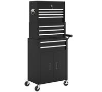 HOMCOM Caja de herramientas 3 en 1, armario de herramientas con 4 ruedas, caja de herramientas cerrable con 9 cajones, acero, negro