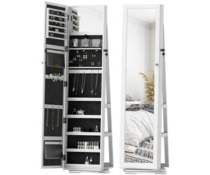 HOMCOM Caja de seguridad para joyas, armario para joyas con espejo, armario multiusos para joyas, madera blanca