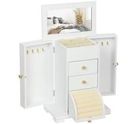 HOMCOM Caja Joyero de 4 Niveles con 2 Cajones Espejo Puertas Laterales con Ganchos para Pendientes Anillos Collares Blanco