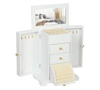 Homcom caja joyero de 4 niveles, joyero mujer organizador grande con 2 cajones, espejo, puertas laterales giratorias con ganchos, para pendientes, anillos, collares, blanco 26.5 cm