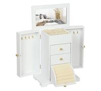 HOMCOM Caja Joyero de Madera de 4 Niveles con 2 Cajones Espejo Blanco | Joyero Mujer Organizador Grande, Puertas Laterales Giratorias con Ganchos, para Pendientes, Anillos, Collares