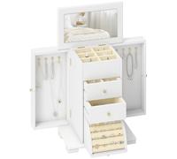 HOMCOM Caja Joyero de Madera de 4 Niveles con 2 Cajones Espejo Blanco