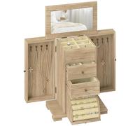 HOMCOM Caja Joyero de Madera de 4 Niveles Joyero Mujer Organizador Grande con 2 Cajones Espejo para Pendientes Anillos Collares Natural