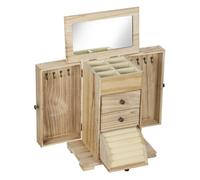 Joyero de Madera de 4 Niveles Joyero Mujer Organizador con 2 Cajones Espejo para Pendientes Anillos Collares Natural Caqui