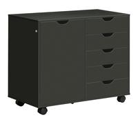 HOMCOM Cajonera de oficina con 5 cajones 1 puerta estante ajustable, soporte para impresora con ruedas, 78x40x66,5 cm, negro