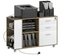HOMCOM Cajonera de Oficina con Estación de Carga, Mueble Archivador con Ruedas, 3 Cajones, Barra Colgante, Cajonera para Escritorio con Cerradura, Estantes para Carta, A4, Legal, Marrón Grisáceo