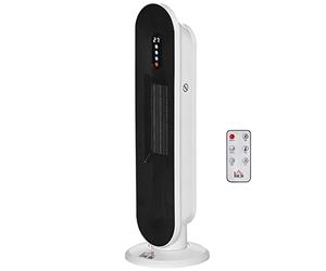 HOMCOM Calefactor Cerámico de Torre 1200W/2000W Calefactor PTC con Mando a Distancia Termostato Temporizador de 24H Oscilación 45° y Sistema Antivuelco para Sala de 20 m² Blanco y Negro