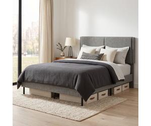 HOMCOM Cama 140x190cm con cabecero Ajustable y Base de Listones, Gris | Cama doble en lino, base listones madera, almacenamiento bajo cama, metal resistente, montaje fácil, dormitorio