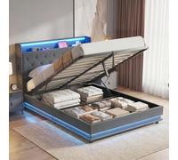HOMCOM - Cama de maletero de 140 x 190 cm con iluminación LED y estación de carga, marco de cama doble acolchado Lin, almacenamiento hidráulico, somier de madera de madera, cabecera, montaje fácil