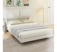 HOMCOM Cama Doble de 135x190 cm, Marco de Cama con Cabecero Acolchado, Efecto Flotante, Estructura Metálica, Lamas de Madera, Silencioso, Estilo Moderno, Beige BLANCO