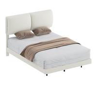 HOMCOM Cama Doble de 135x190 cm, Marco de Cama con Cabecero Acolchado, Efecto Flotante, Estructura Metálica, Lamas de Madera, Silencioso, Estilo Moderno, Beige