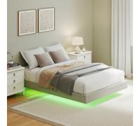 HOMCOM Cama Flotante 140x190cm con iluminación LED, Lino, Beige | Cama doble tapizada, somier de madera, espacio de almacenamiento, control remoto, silencioso, fácil montaje