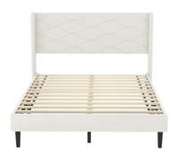 HOMCOM Cama Tapizada 140x200 cm con Cabecero Acolchado con Alas de Terciopelo Láminas de Madera Fácil Montaje Beige