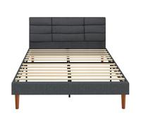 HOMCOM Cama Tapizada 140x200 cm con Cabecero y Almacenaje Inferior Gris | Acolchado de Rejilla, Marco de Cama Doble con Láminas de Madera, Diseño Moderno, Fácil Montaje