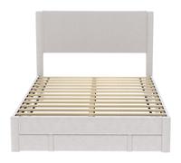 HOMCOM Cama Tapizada 140x200 cm con Cabecero Acolchado y Cajón Almacenaje Láminas de Madera Fácil Montaje Beige