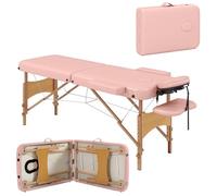 HOMCOM Camilla de Masaje Plegable 210x81 cm Camilla Estética Profesional con Reposacabezas Extraíble 2 Zonas Asa y Marco de Madera con Altura Regulable y Bolsa de Transporte Rosa