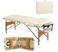 HOMCOM Camilla de Masaje Plegable Profesional 210x81 cm 2 Zonas Crema | Camilla Estética, Reposacabezas Extraíble, Asa, Marco de Madera, Altura Regulable, Bolsa de Transporte