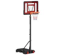 HOMCOM Canasta de Baloncesto Ajustable de 205-261 cm Portátil Rojo Negro | Aro de Baloncesto, Soporte de Acero, Base Rellenable, 2 Ruedas de Transporte, Exterior, Niños y Adultos