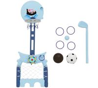 HOMCOM Canasta de Baloncesto con Soporte 4 en 1 +3 Años 58x56x154 cm Azul | Juego de Golf, Balón de Fútbol, Altura Ajustable, Centro de Actividades, para Niños