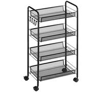 HOMCOM Carrito Auxiliar con Ruedas, Carrito de Cocina de 4 Niveles, con 4 Ganchos, Carga 12 kg, para Comedor, Sala de Estar, Baño, 45x26,5x84 cm, Negro
