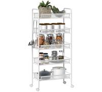 HOMCOM Carrito Auxiliar con Ruedas, Carrito de Cocina de 5 Niveles, con 4 Ganchos, Carga 15 kg, para Comedor, Sala de Estar, Baño, 45x26,5x106 cm, Blanco