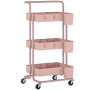 HOMCOM Carrito Auxiliar con Ruedas Carro de Almacenaje Multifuncional con Ganchos y Cajas Colgantes 42x38x86,5 cm Rosa