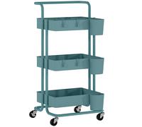 HOMCOM Carrito Auxiliar con Ruedas Carro de Almacenaje Multifuncional con Ganchos y Cajas Colgantes 42x38x86,5 cm Azul Verdoso