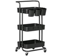 HOMCOM Carrito Auxiliar con Ruedas de 3 Niveles 42x38x86,5 cm Negro | Carrito de Cocina con Mango, 3 Cestas de Malla, 3 Cajas Colgantes, Carro de Almacenamiento, para Baño Salón