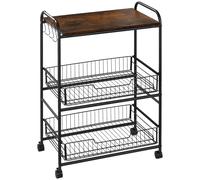 HOMCOM Carrito Auxiliar con Ruedas de 3 Niveles Carrito de Cocina con 2 Cestas y 4 Ganchos 60x38x85,5 cm Marrón Rústico Aosom España