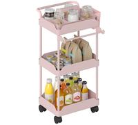 HOMCOM Carrito Auxiliar con Ruedas de 3 Niveles, Carrito de Cocina con Cestas Extraíbles, Ruedas con Freno, Soporte para Toallas y Marco de Metal, Carro de Servicio para Comedor, Salón, Baño, Rosa