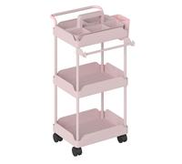 HOMCOM Carrito Auxiliar con Ruedas de 3 Niveles, Carrito de Cocina con Cestas Extraíbles, Ruedas con Freno, Soporte para Toallas y Marco de Metal, para Comedor, Salón, Baño, Oficina, Rosa