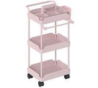 HOMCOM Carrito Auxiliar con Ruedas de 3 Niveles Carrito de Cocina con Cestas Extraíbles y Soporte para Toallas Rosa