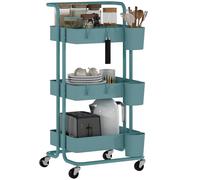HOMCOM Carrito Auxiliar con Ruedas de 3 Niveles Carrito de Cocina con Mango 3 Cestas de Malla y 3 Cajas Colgantes Carro de Almacenamiento para Baño Salón 42x38x86,5 cm Azul Verdoso