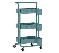 HOMCOM Carrito Auxiliar con Ruedas de 3 Niveles Carrito de Cocina con Mango 3 Cestas de Malla y 3 Cajas Colgantes Carro de Almacenamiento para Baño Salón 42x38x86,5 cm Azul Verdoso
