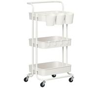 HOMCOM Carrito Auxiliar con Ruedas de 3 Niveles Carrito de Cocina con Mango 3 Cestas de Malla y 3 Cajas Colgantes Carro de Almacenamiento para Baño Salón 42x38x86,5 cm Blanco