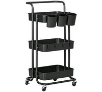 HOMCOM Carrito Auxiliar con Ruedas de 3 Niveles Carrito de Cocina con Mango 3 Cestas de Malla y 3 Cajas Colgantes Carro de Almacenamiento para Baño Salón 42x38x86,5 cm Negro